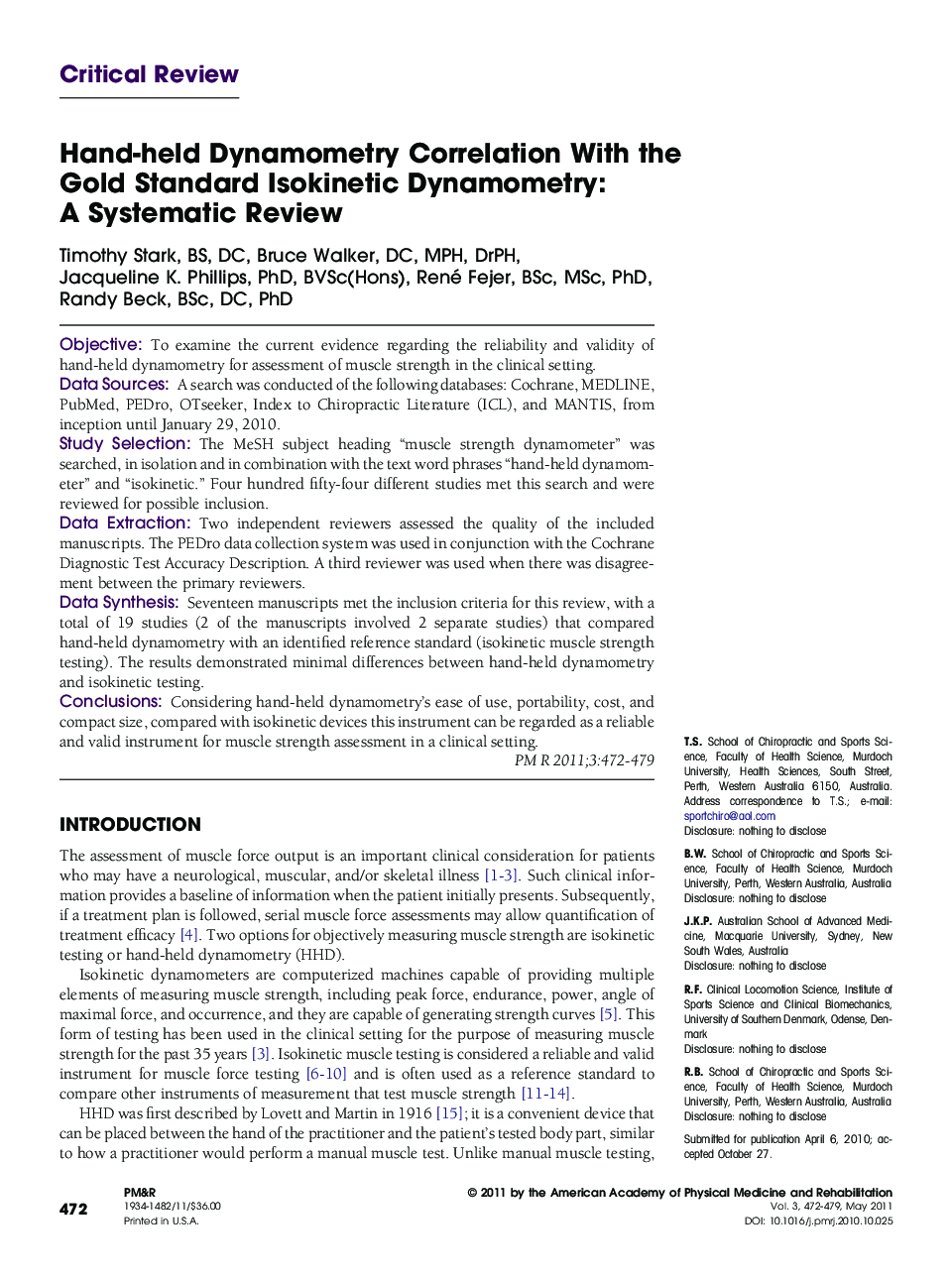 Hand-held Dynamometry Correlation With the Gold Standard Isokinetic Dynamometry: A Systematic Review