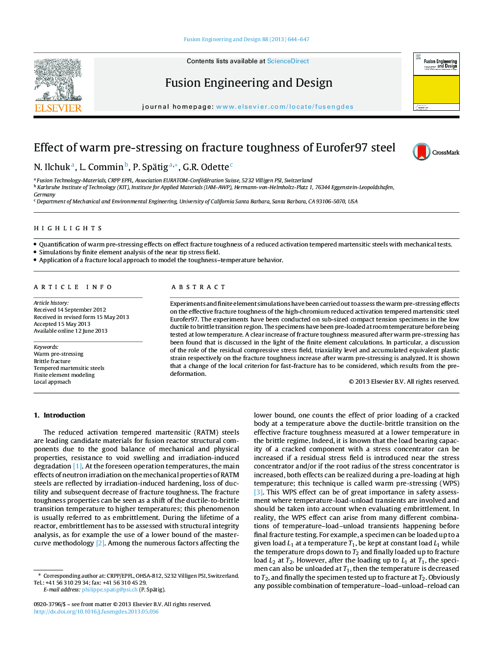 Effect of warm pre-stressing on fracture toughness of Eurofer97 steel