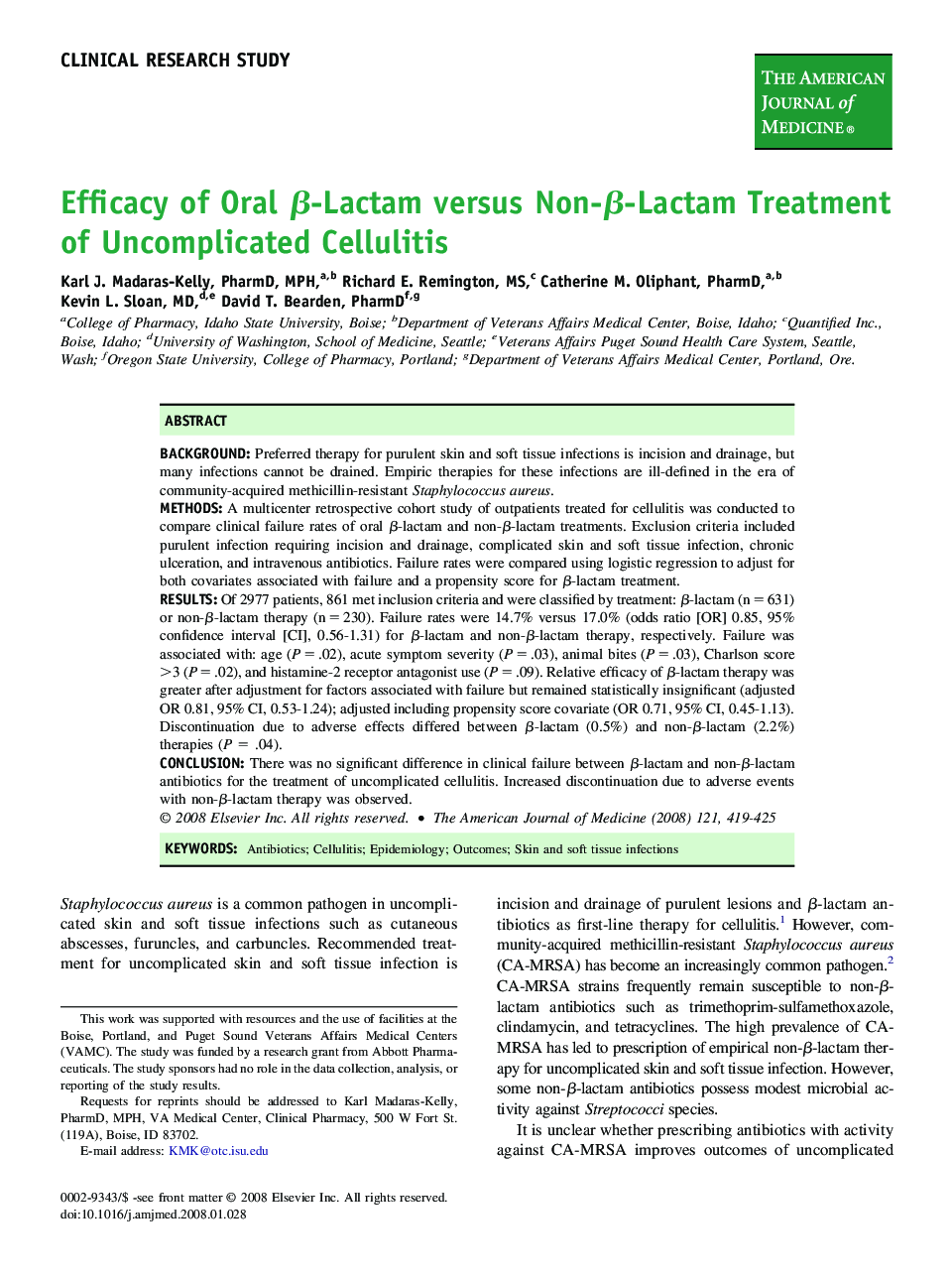 Efficacy of Oral β-Lactam versus Non-β-Lactam Treatment of Uncomplicated Cellulitis 