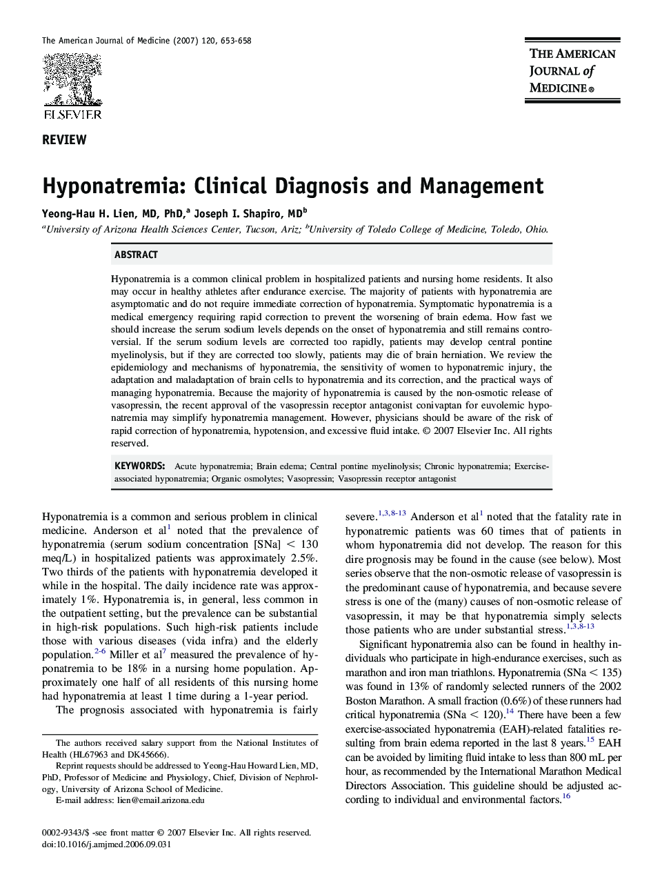 Hyponatremia: Clinical Diagnosis and Management 