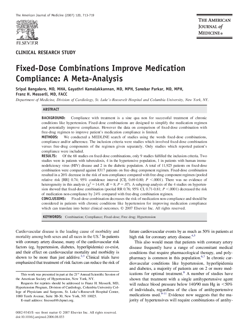 Fixed-Dose Combinations Improve Medication Compliance: A Meta-Analysis