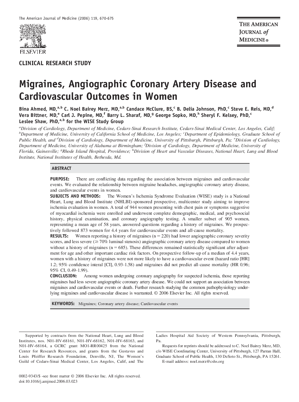 Migraines, Angiographic Coronary Artery Disease and Cardiovascular Outcomes in Women 