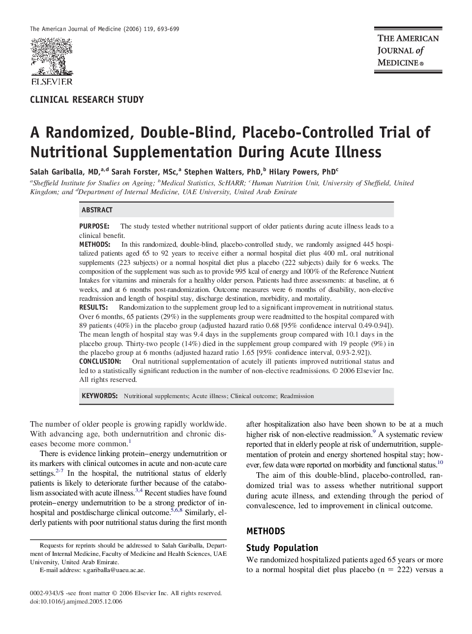 A Randomized, Double-Blind, Placebo-Controlled Trial of Nutritional Supplementation During Acute Illness