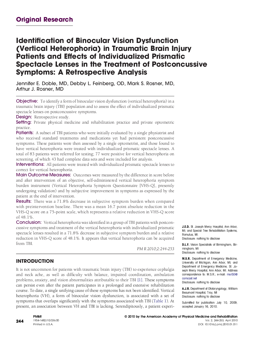 Identification of Binocular Vision Dysfunction (Vertical Heterophoria) in Traumatic Brain Injury Patients and Effects of Individualized Prismatic Spectacle Lenses in the Treatment of Postconcussive Symptoms: A Retrospective Analysis