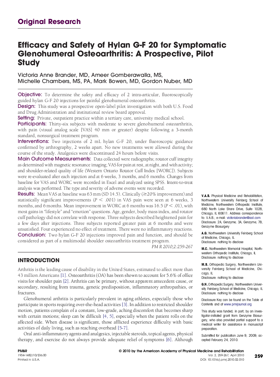 Efficacy and Safety of Hylan G-F 20 for Symptomatic Glenohumeral Osteoarthritis: A Prospective, Pilot Study 