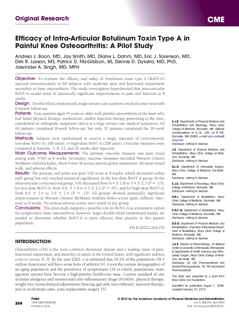 Efficacy of Intra-Articular Botulinum Toxin Type A in Painful Knee Osteoarthritis: A Pilot Study 