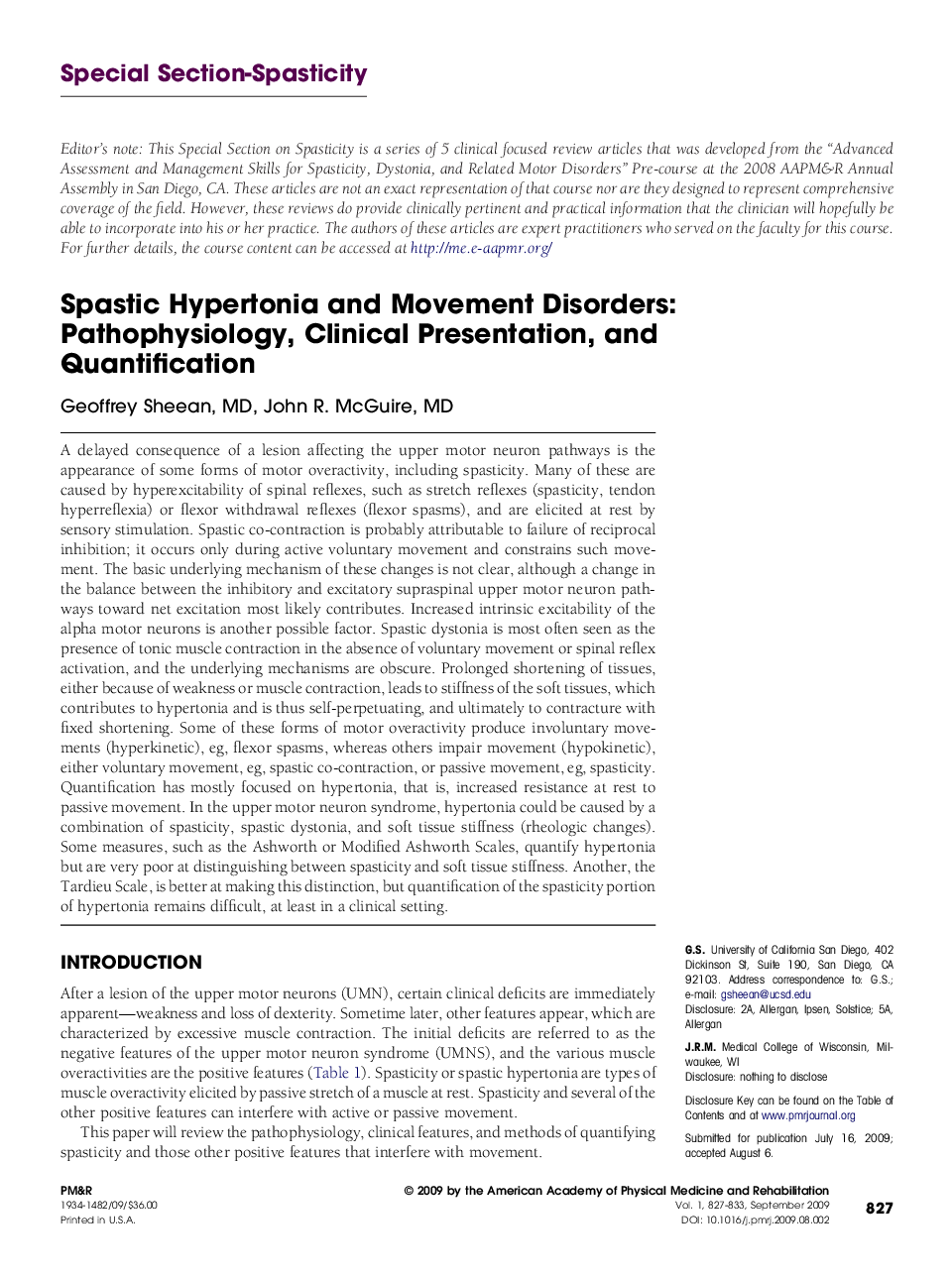 Spastic Hypertonia and Movement Disorders: Pathophysiology, Clinical Presentation, and Quantification 