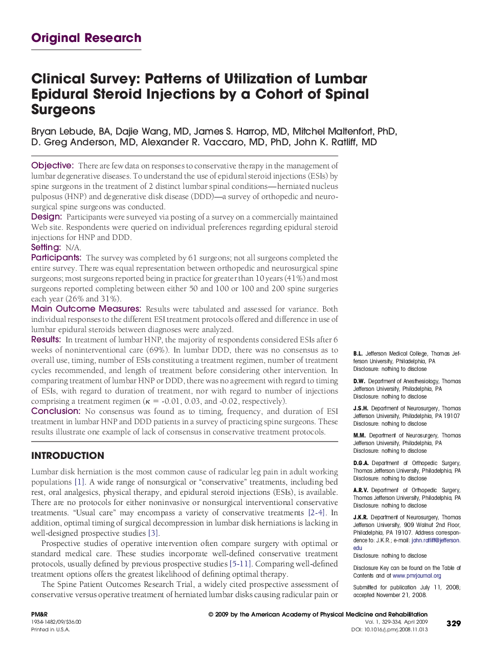 Clinical Survey: Patterns of Utilization of Lumbar Epidural Steroid Injections by a Cohort of Spinal Surgeons 