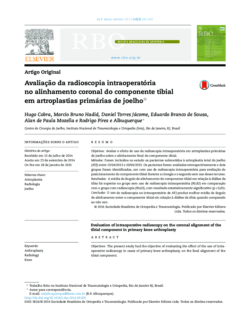 Avaliação da radioscopia intraoperatória no alinhamento coronal do componente tibial em artroplastias primárias de joelho 