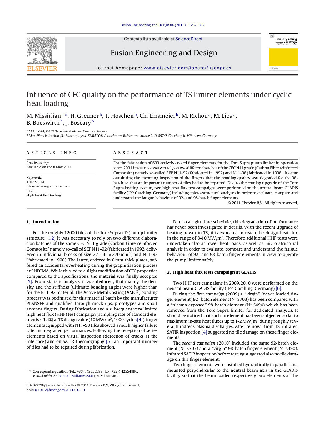 Influence of CFC quality on the performance of TS limiter elements under cyclic heat loading