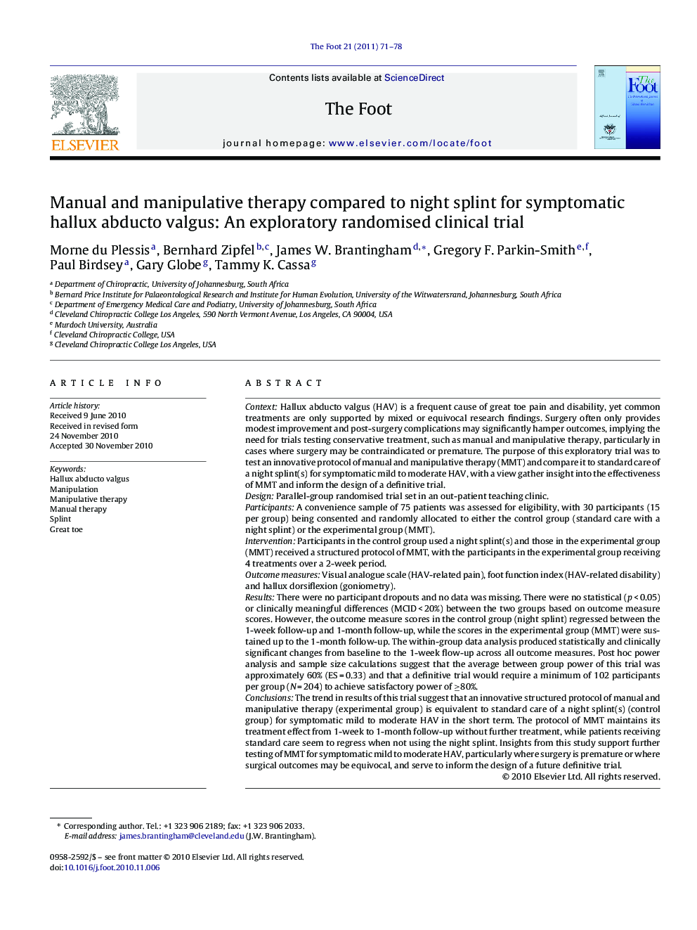 Manual and manipulative therapy compared to night splint for symptomatic hallux abducto valgus: An exploratory randomised clinical trial