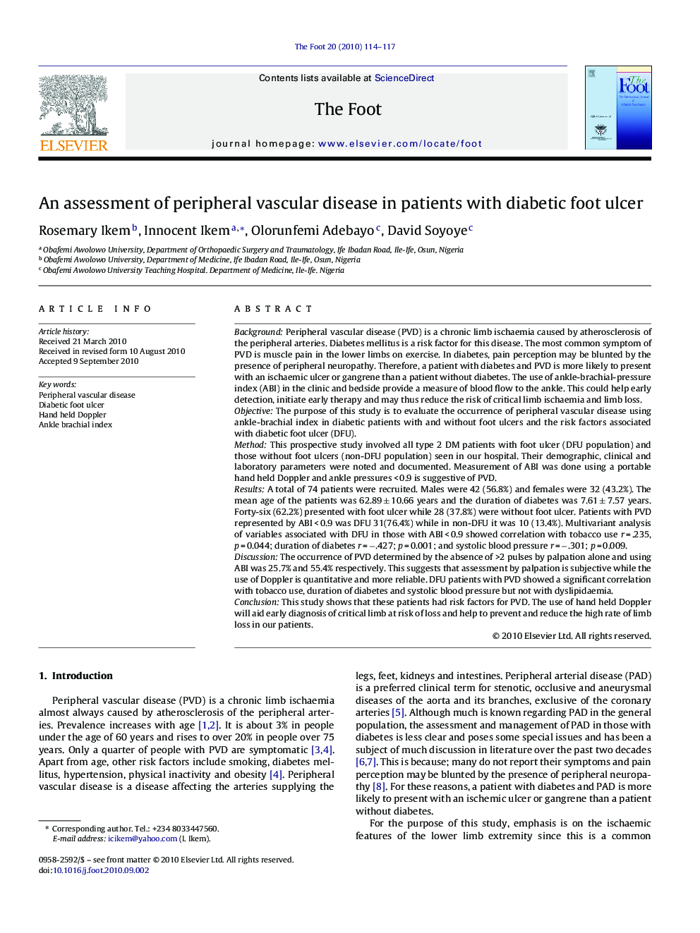 An assessment of peripheral vascular disease in patients with diabetic foot ulcer