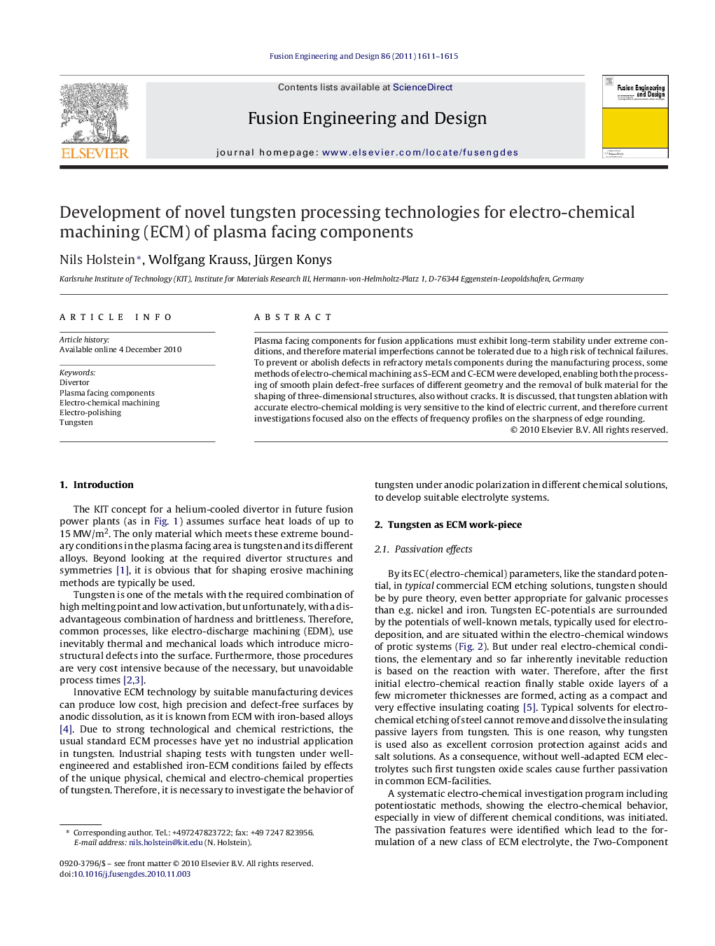 Development of novel tungsten processing technologies for electro-chemical machining (ECM) of plasma facing components