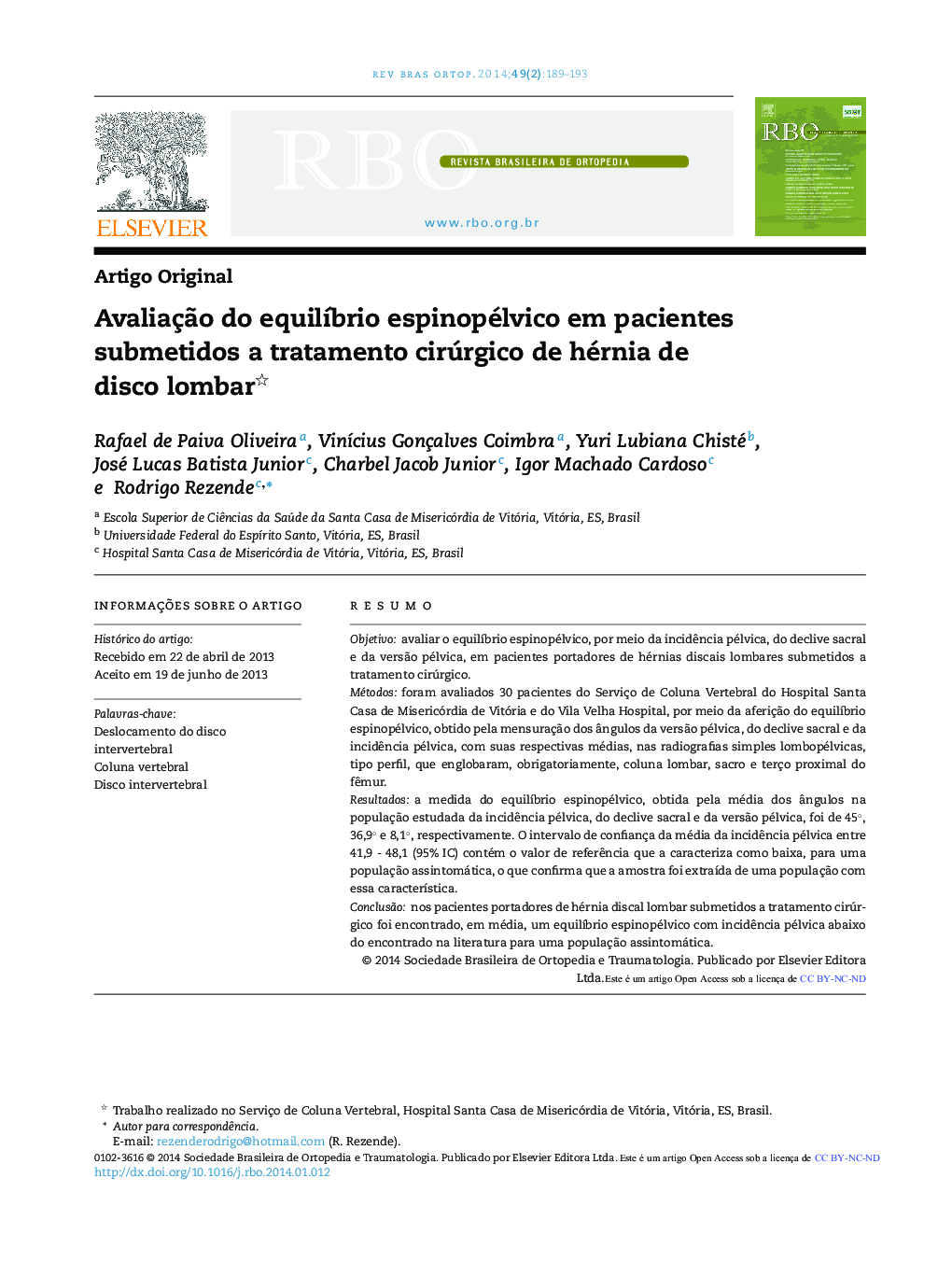 Avaliação do equilíbrio espinopélvico em pacientes submetidos a tratamento cirúrgico de hérnia de disco lombar 