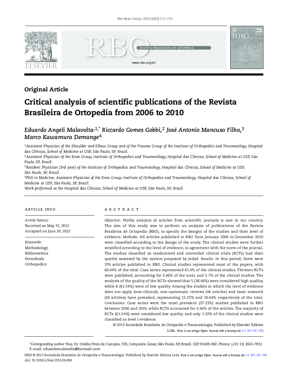 Critical analysis of scientific publications of the Revista Brasileira de Ortopedia from 2006 to 2010 