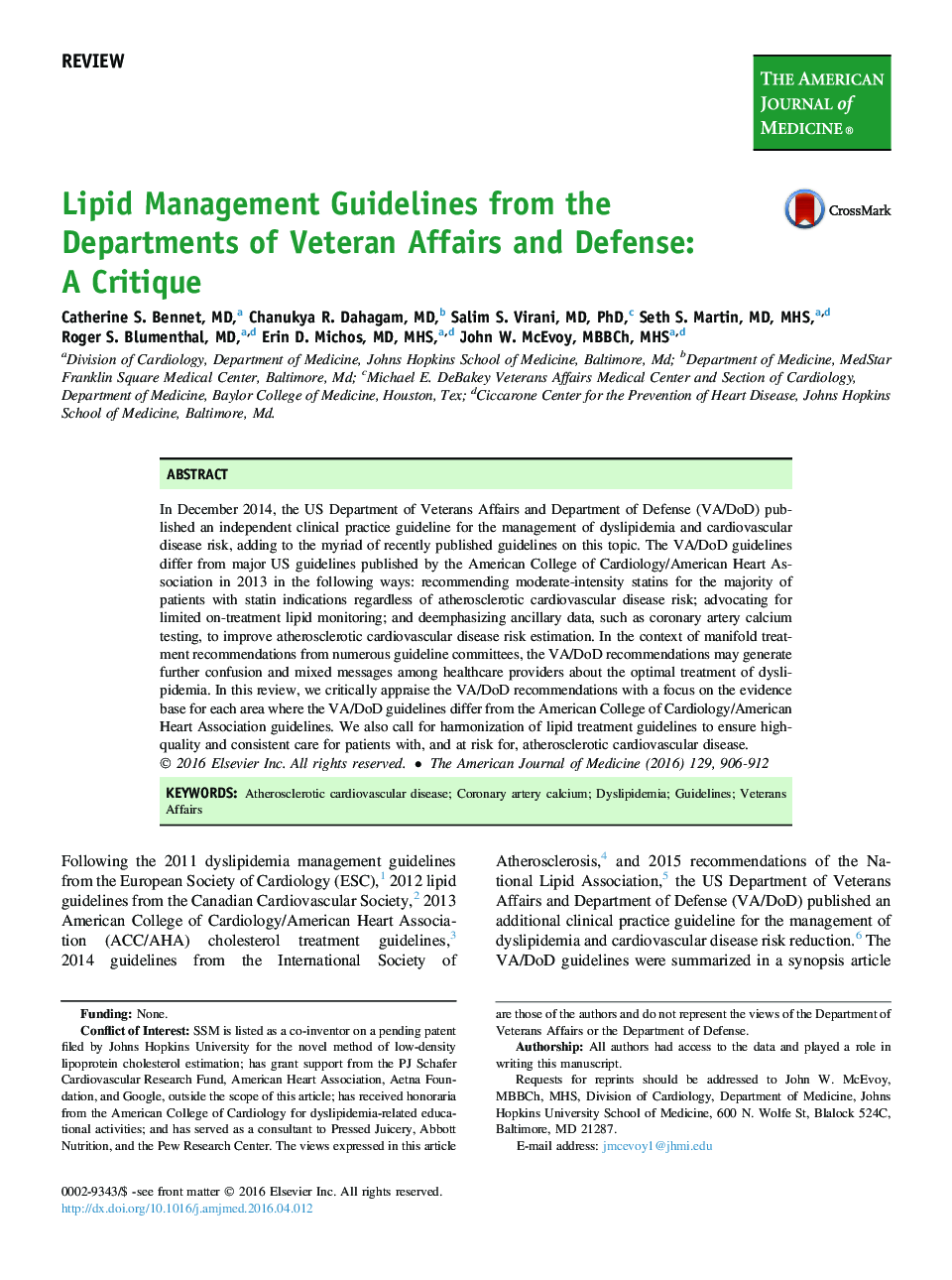 Lipid Management Guidelines from the Departments of Veteran Affairs and Defense: A Critique 