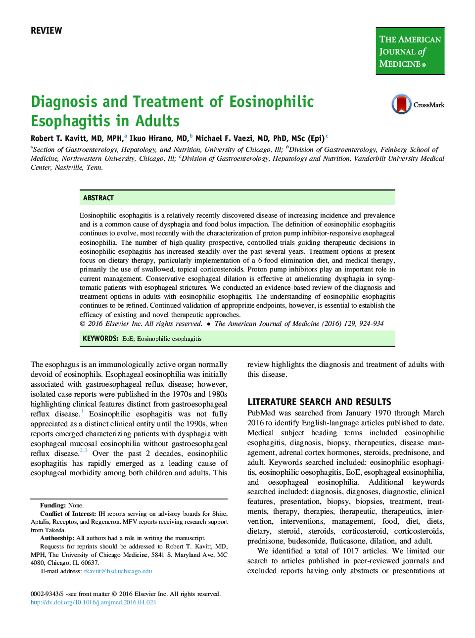 Diagnosis and Treatment of Eosinophilic Esophagitis in Adults 