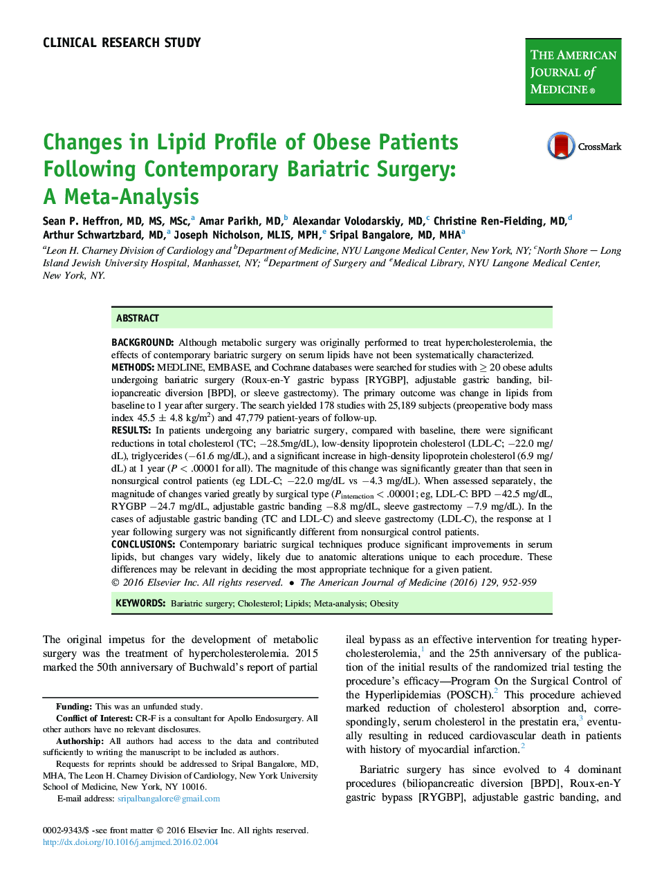 تغییرات در پروفایل لیپیدی بیماران چاق به دنبال جراحی چاقی: یک متاآنالیز
