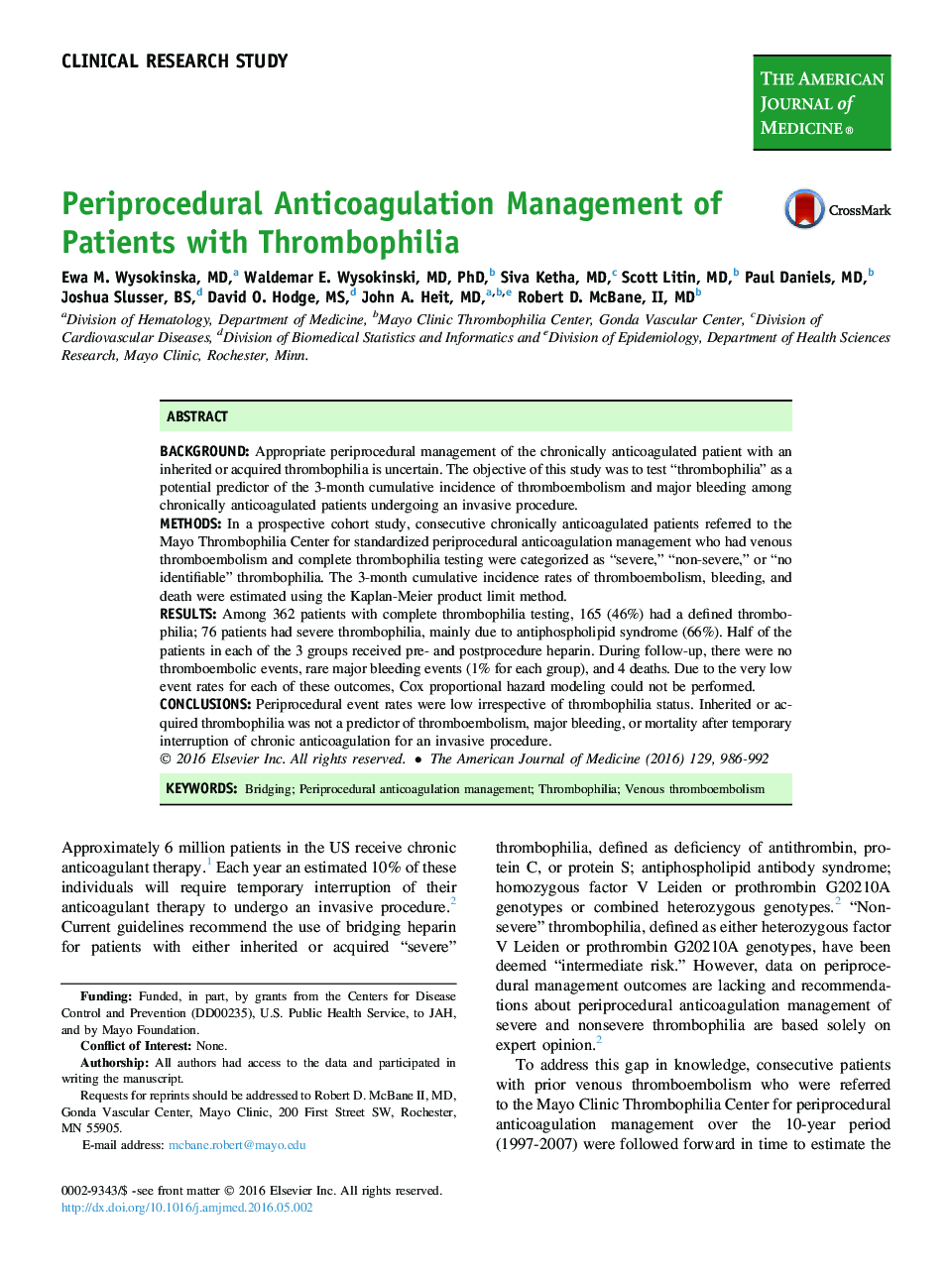 Periprocedural Anticoagulation Management of Patients with Thrombophilia 