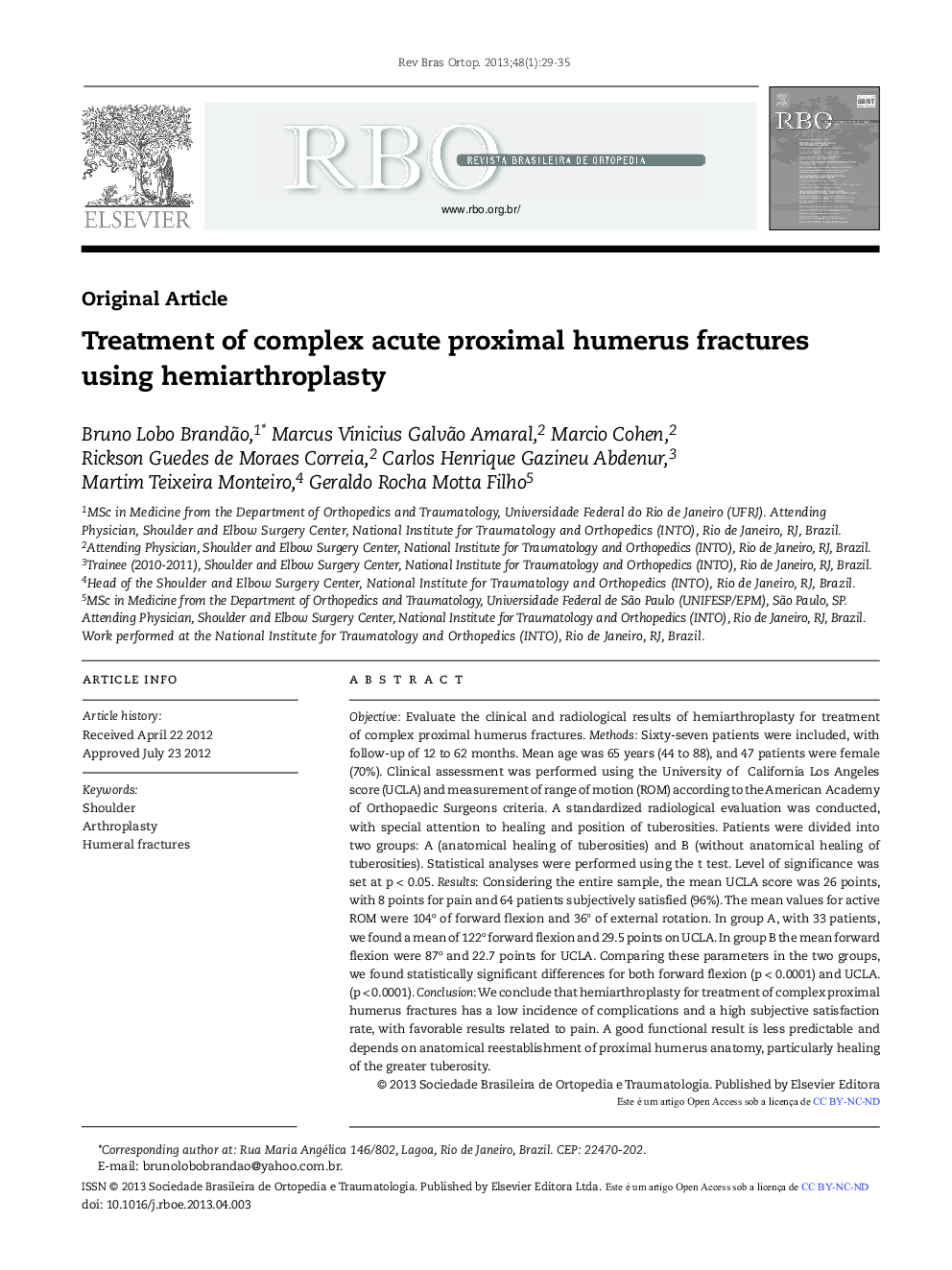 Treatment of complex acute proximal humerus fractures using hemiarthroplasty *