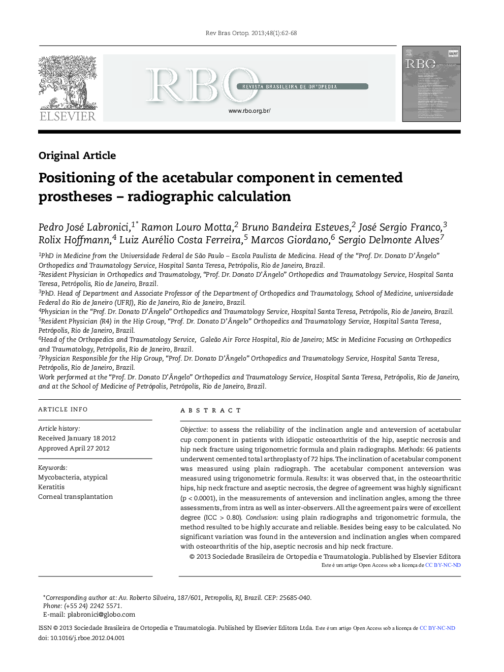 Positioning of the acetabular component in cemented prostheses – radiographic calculation *