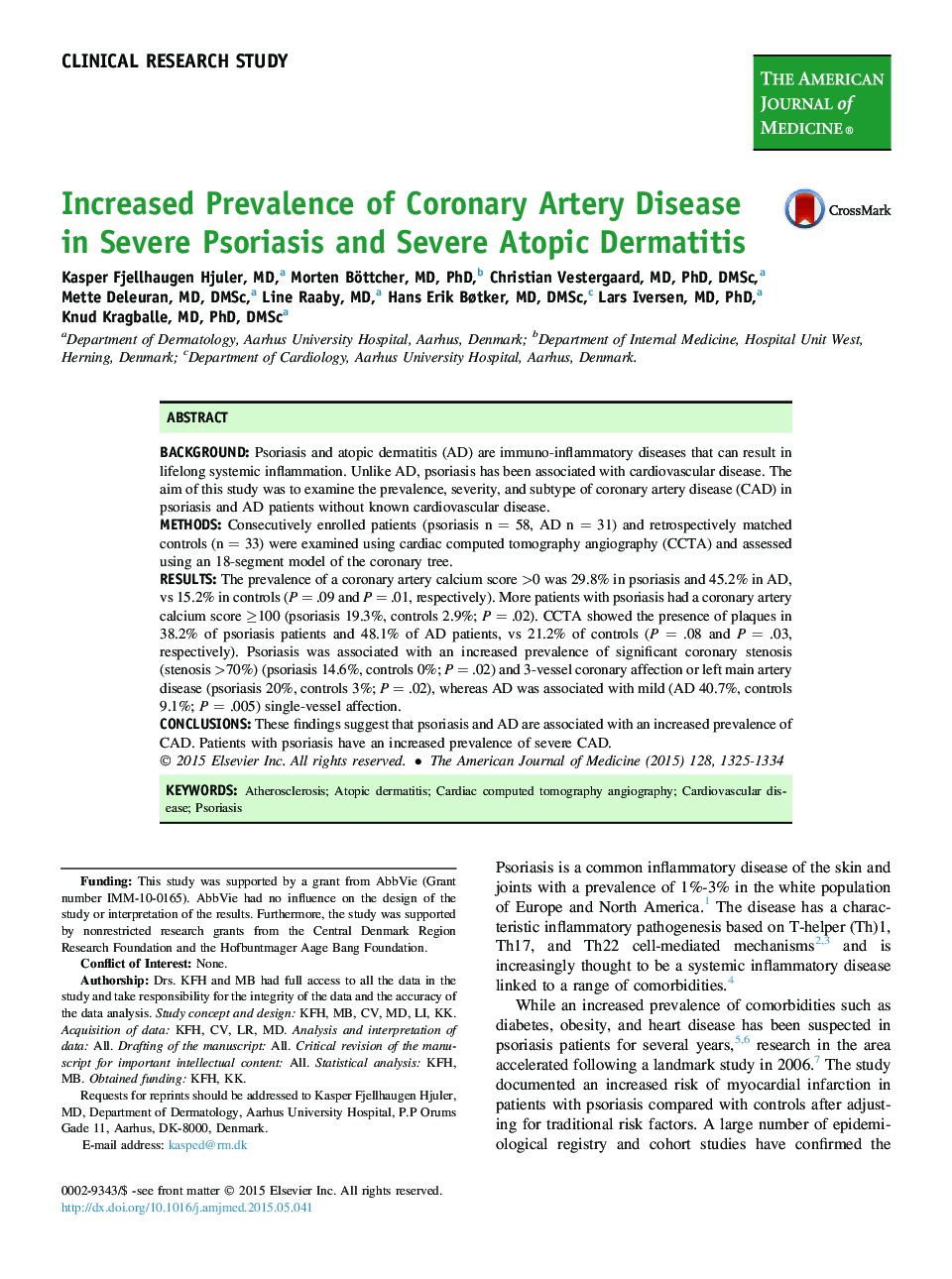 Increased Prevalence of Coronary Artery Disease in Severe Psoriasis and Severe Atopic Dermatitis