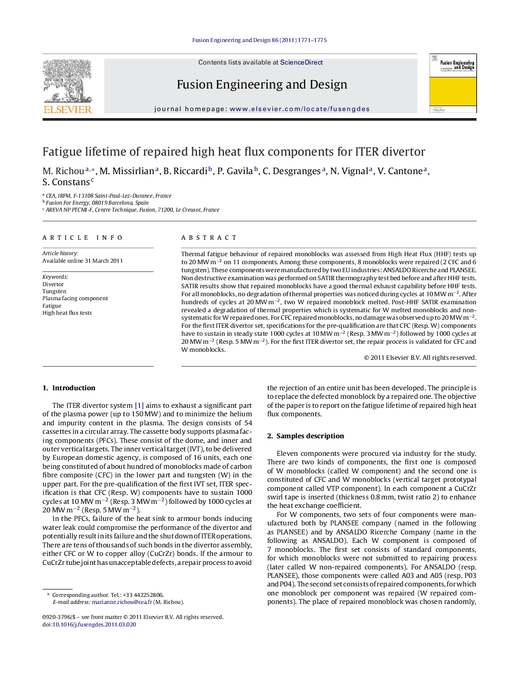 Fatigue lifetime of repaired high heat flux components for ITER divertor