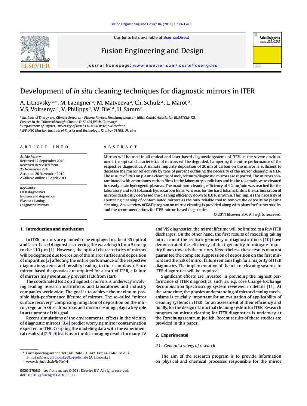 Development of in situ cleaning techniques for diagnostic mirrors in ITER