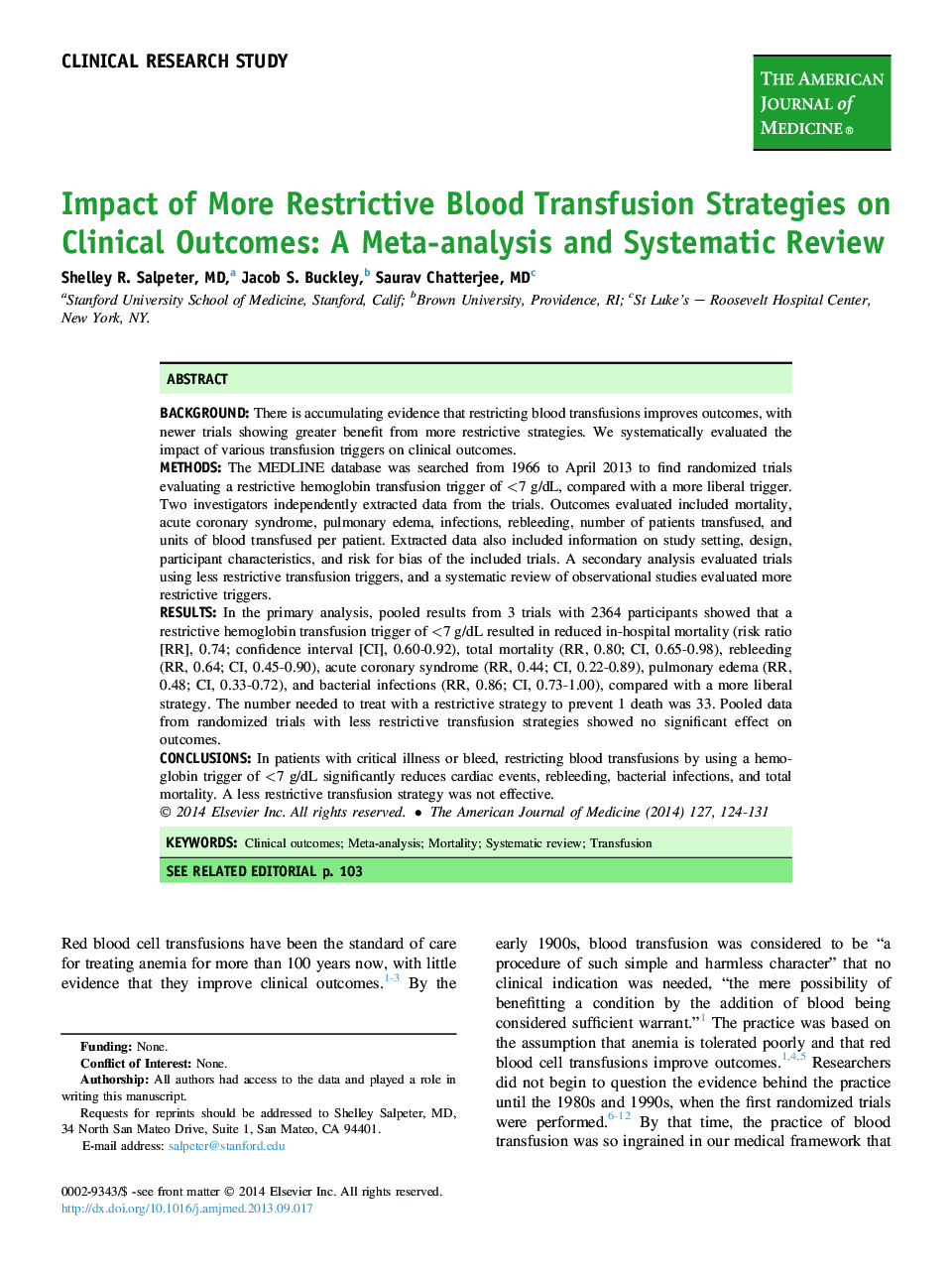 Impact of More Restrictive Blood Transfusion Strategies on Clinical Outcomes: A Meta-analysis and Systematic Review