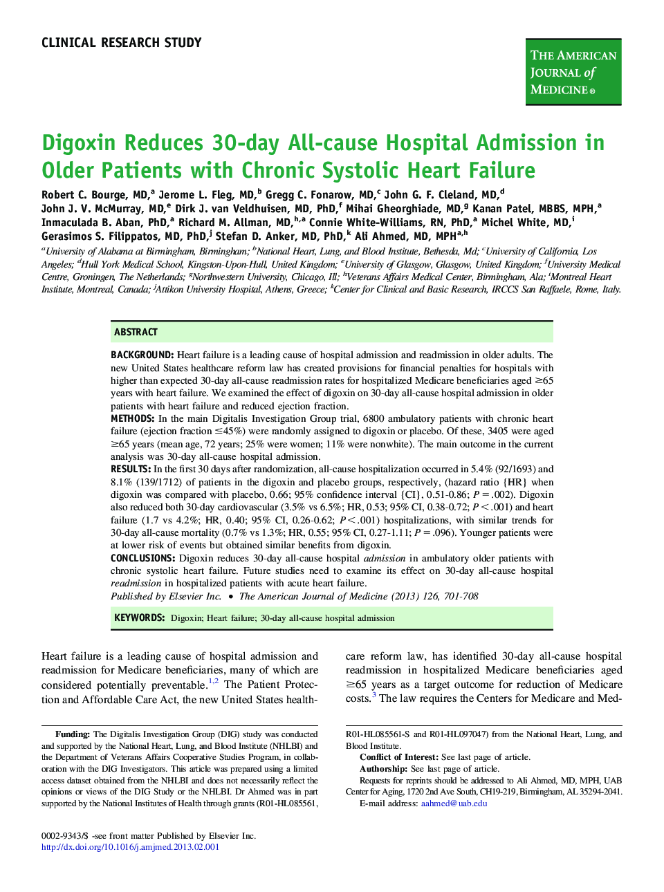 Digoxin Reduces 30-day All-cause Hospital Admission in Older Patients with Chronic Systolic Heart Failure 