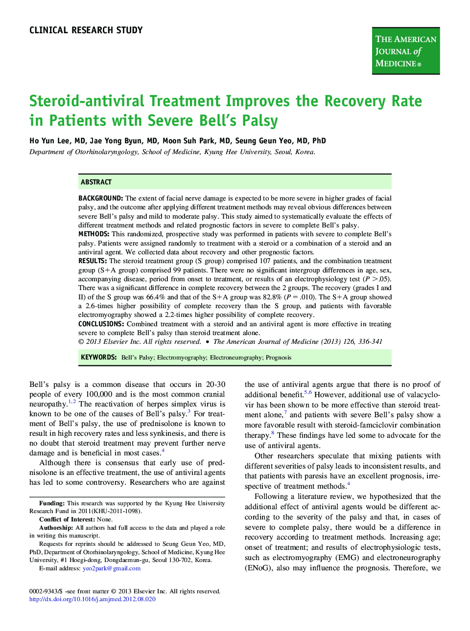 Steroid-antiviral Treatment Improves the Recovery Rate in Patients with Severe Bell's Palsy 