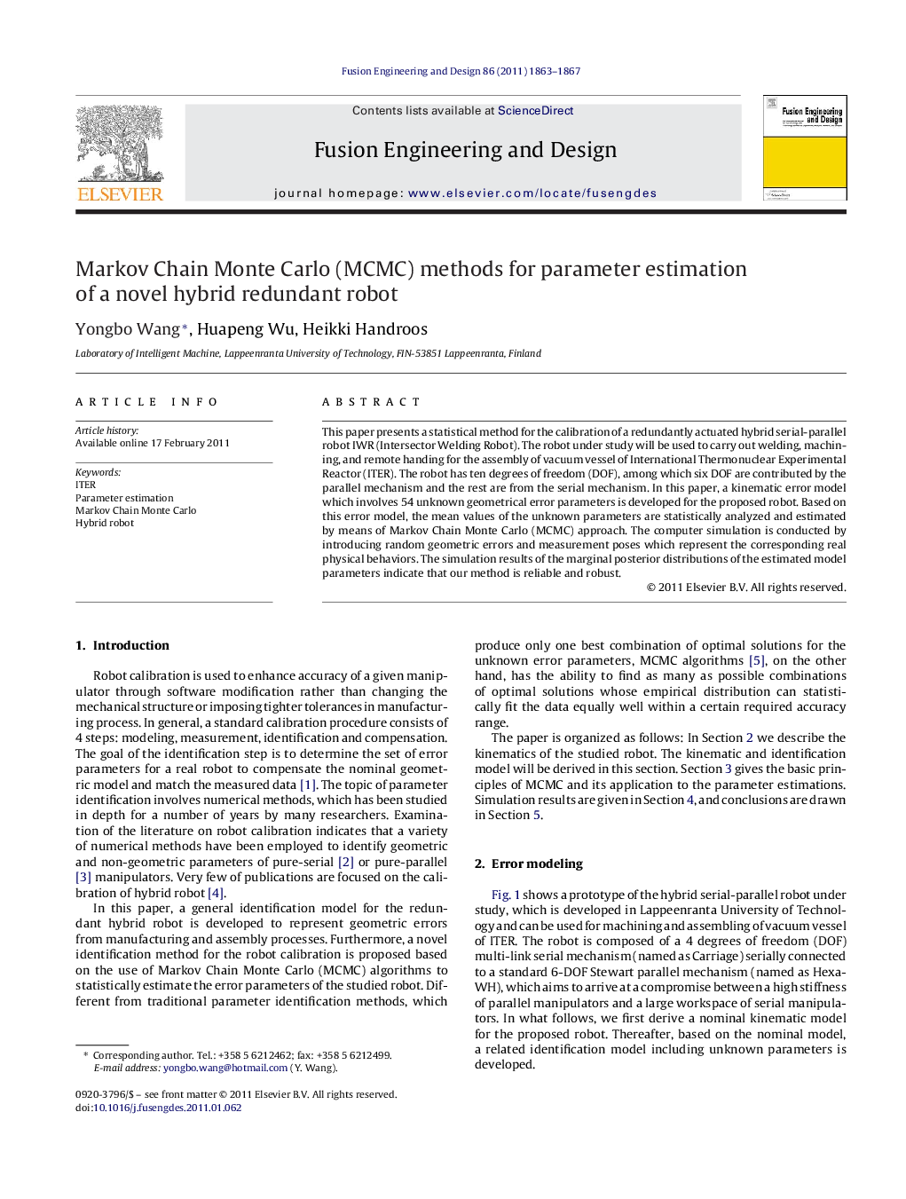 Markov Chain Monte Carlo (MCMC) methods for parameter estimation of a novel hybrid redundant robot