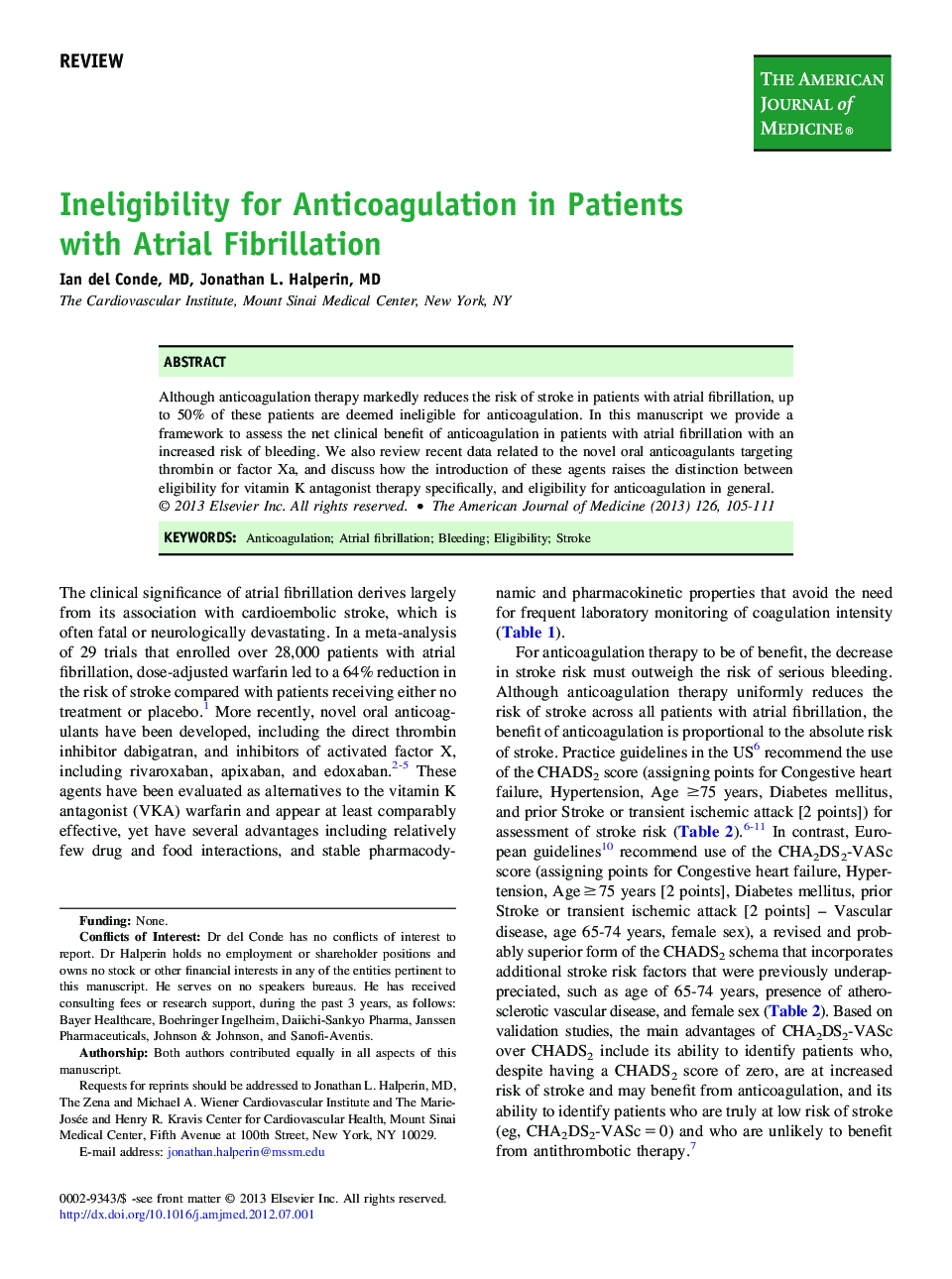 Ineligibility for Anticoagulation in Patients with Atrial Fibrillation 