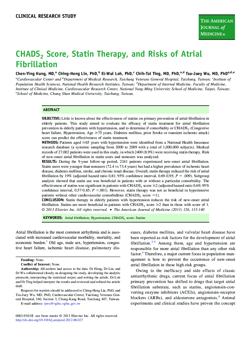 CHADS2 Score, Statin Therapy, and Risks of Atrial Fibrillation