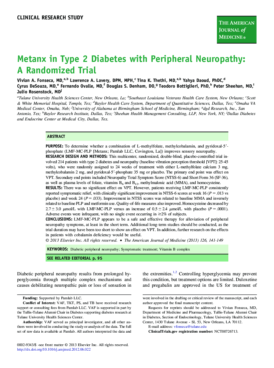 Metanx in Type 2 Diabetes with Peripheral Neuropathy: A Randomized Trial 