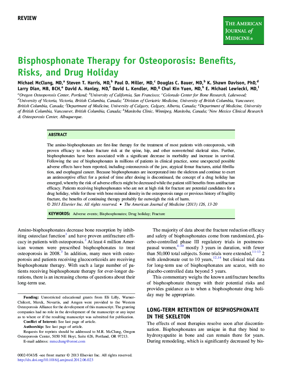 Bisphosphonate Therapy for Osteoporosis: Benefits, Risks, and Drug Holiday 
