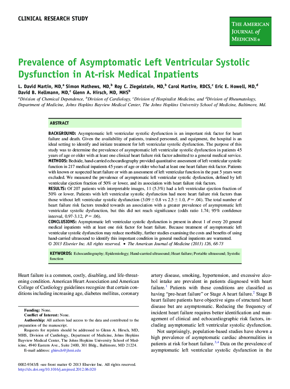 Prevalence of Asymptomatic Left Ventricular Systolic Dysfunction in At-risk Medical Inpatients 