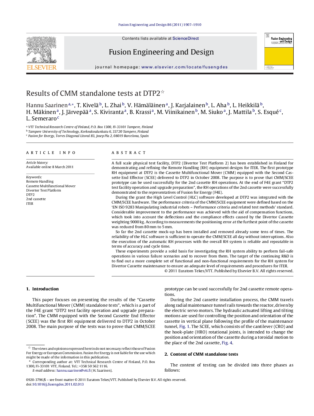 Results of CMM standalone tests at DTP2 