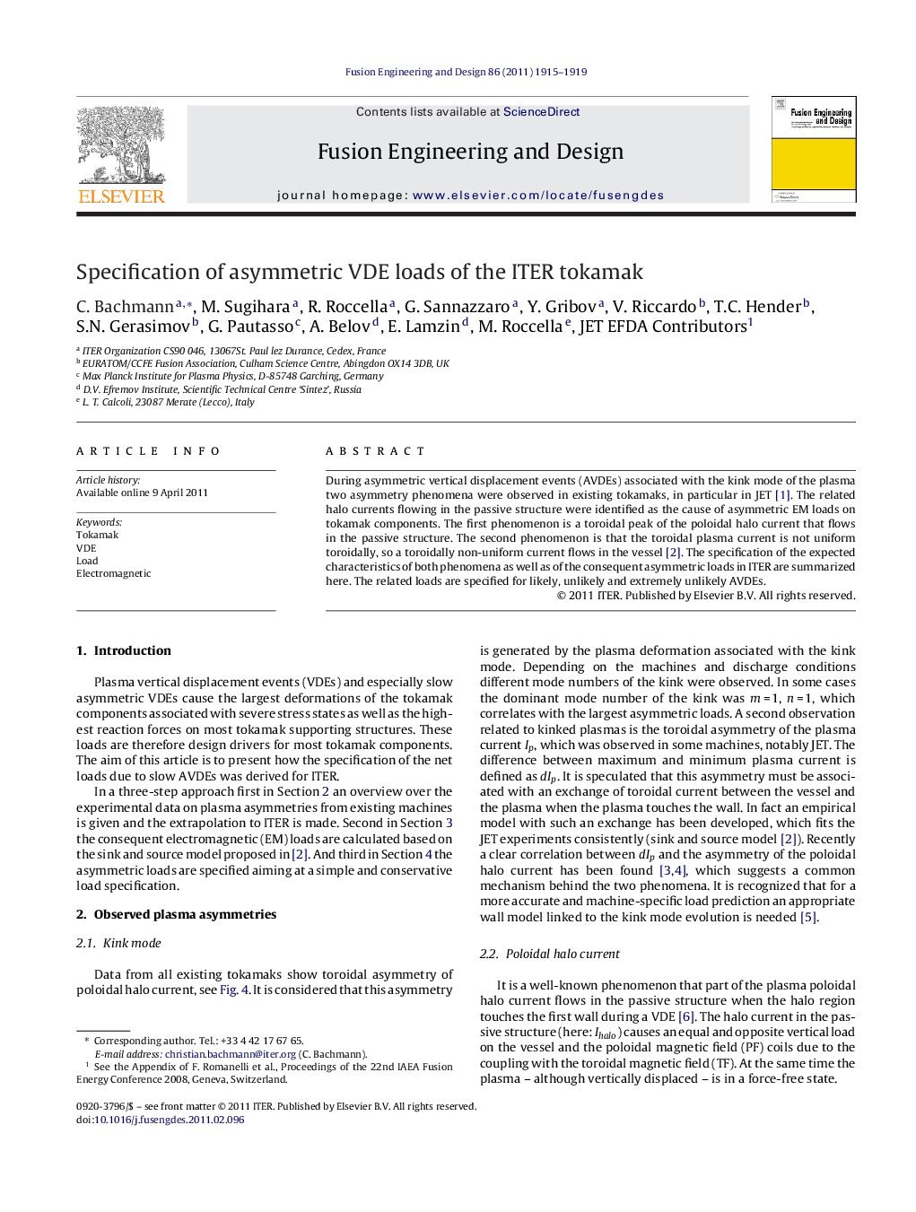 Specification of asymmetric VDE loads of the ITER tokamak