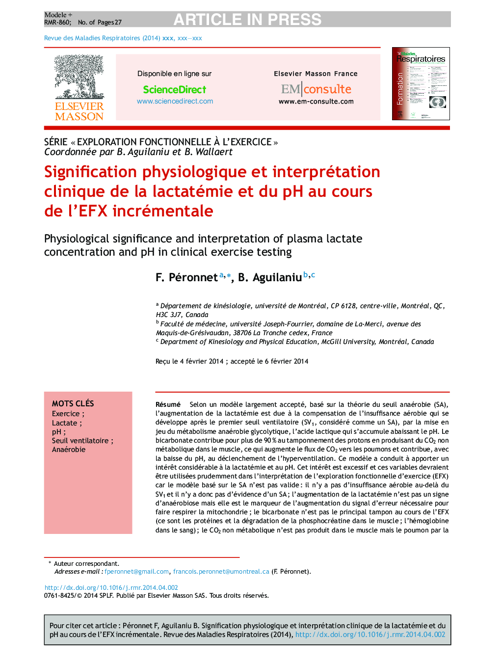 Signification physiologique et interprétation clinique de la lactatémie et du pH au cours de l'EFX incrémentale