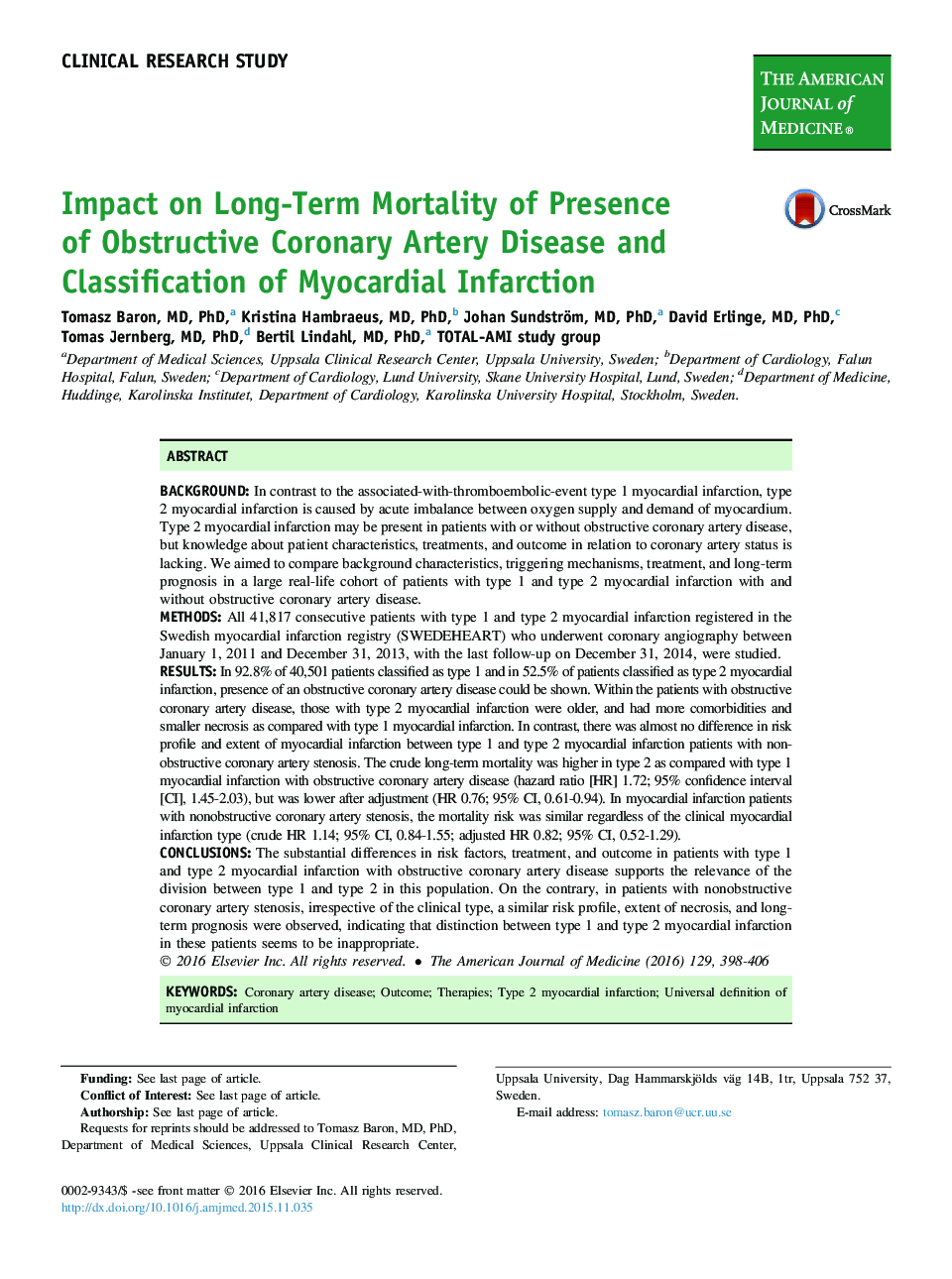 Impact on Long-Term Mortality of Presence of Obstructive Coronary Artery Disease and Classification of Myocardial Infarction 