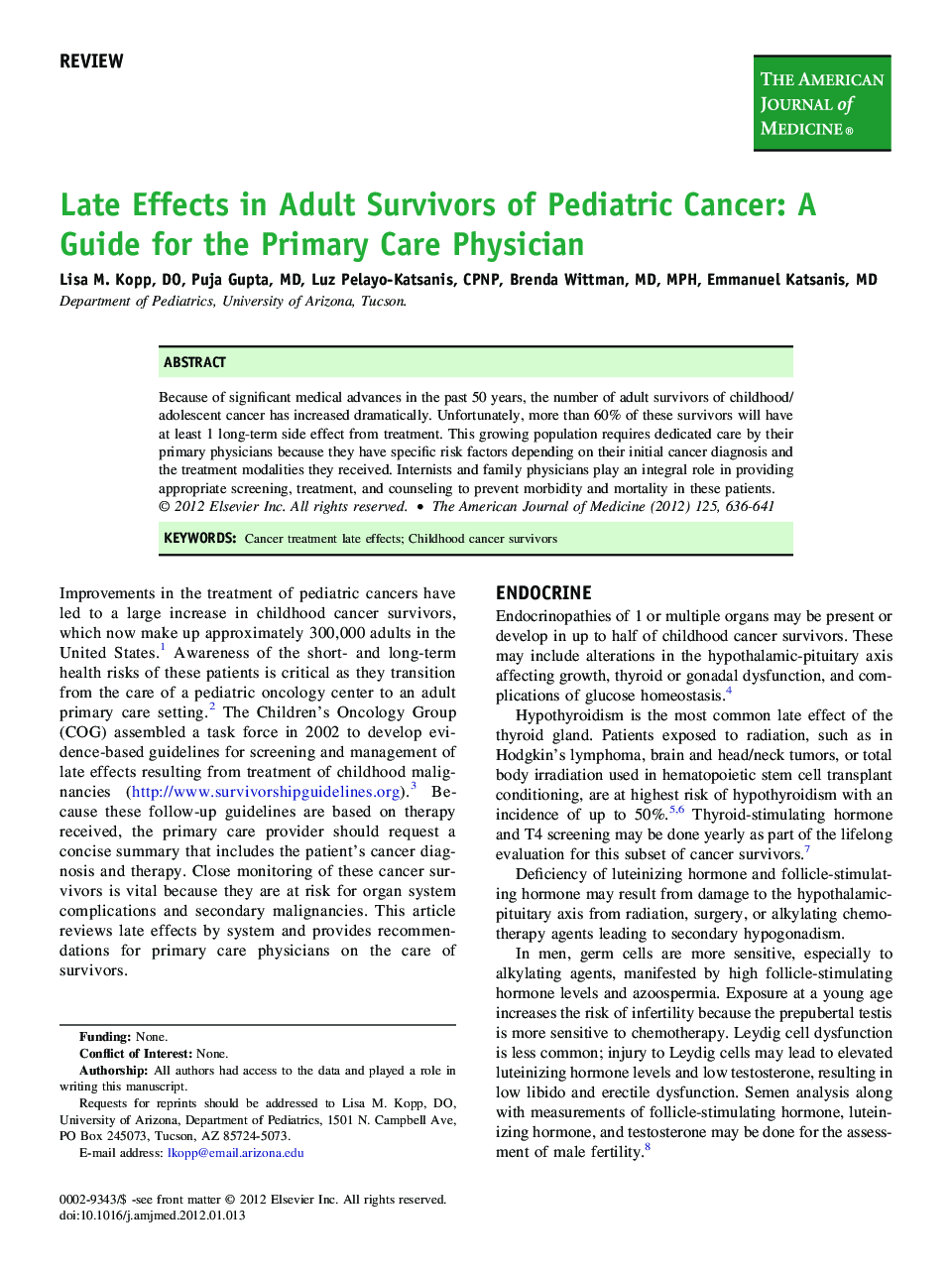 Late Effects in Adult Survivors of Pediatric Cancer: A Guide for the Primary Care Physician 