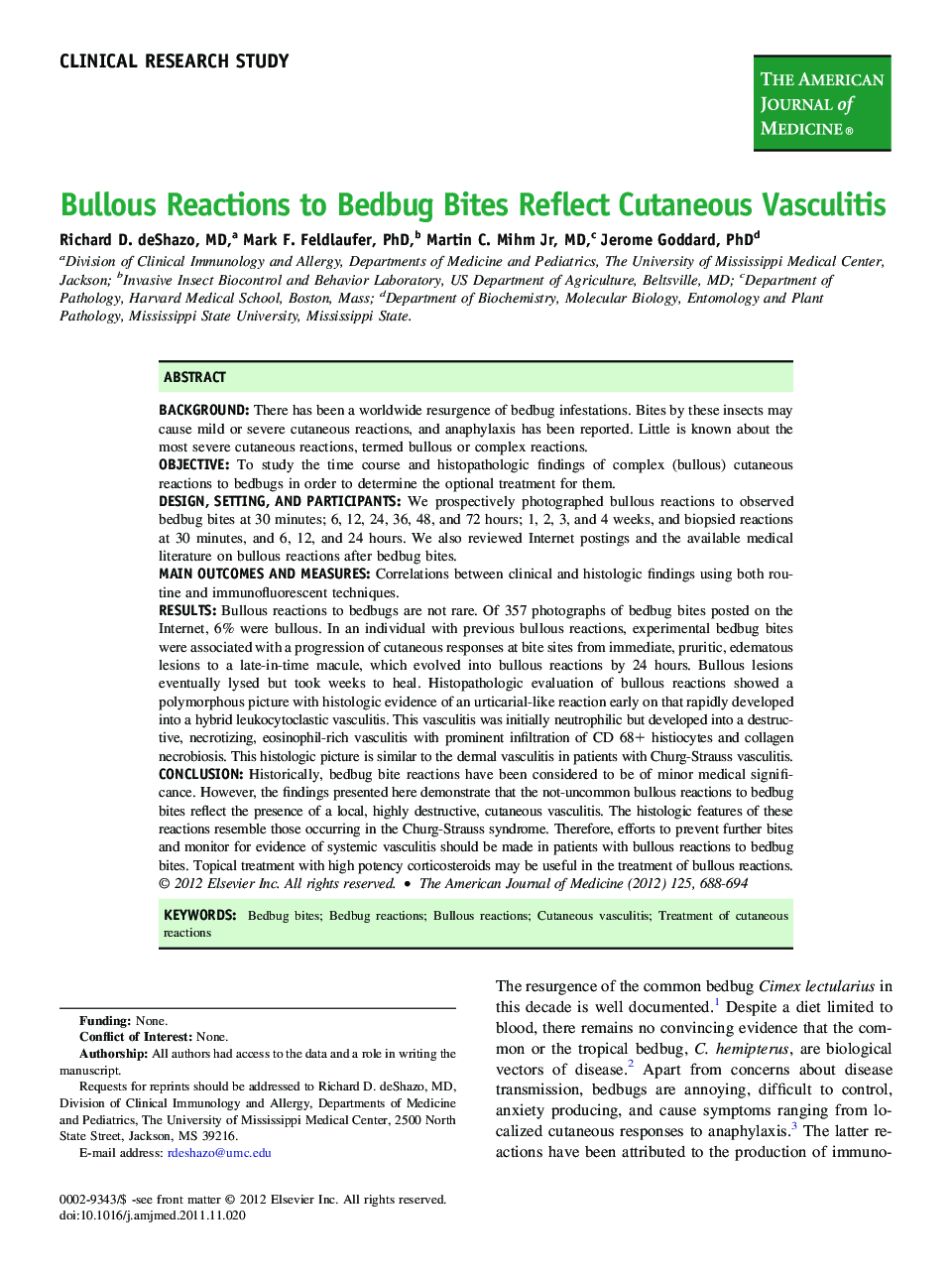 Bullous Reactions to Bedbug Bites Reflect Cutaneous Vasculitis