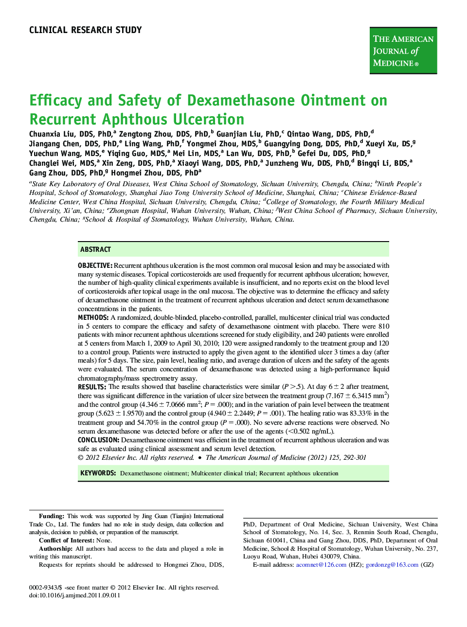 Efficacy and Safety of Dexamethasone Ointment on Recurrent Aphthous Ulceration