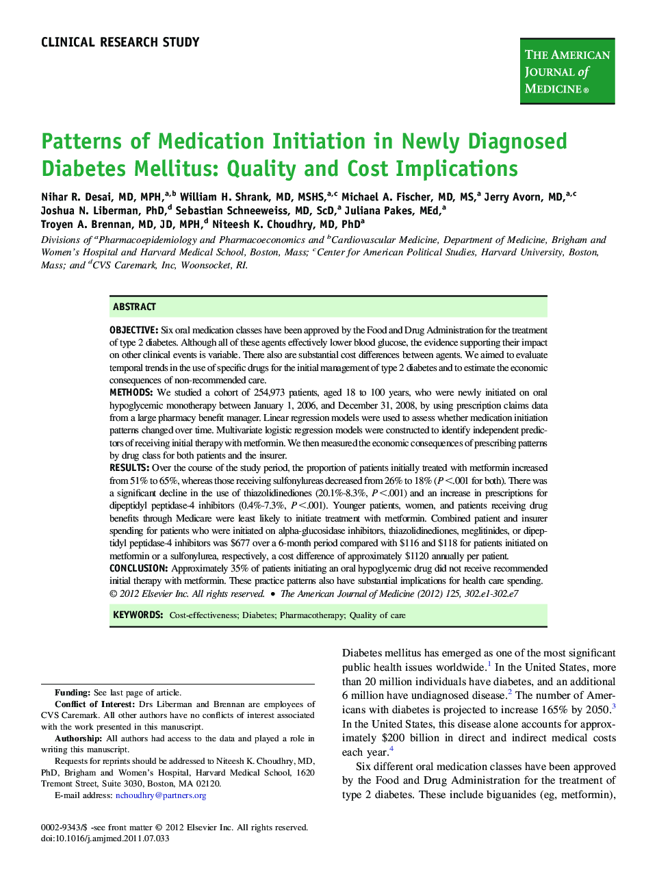 Patterns of Medication Initiation in Newly Diagnosed Diabetes Mellitus: Quality and Cost Implications