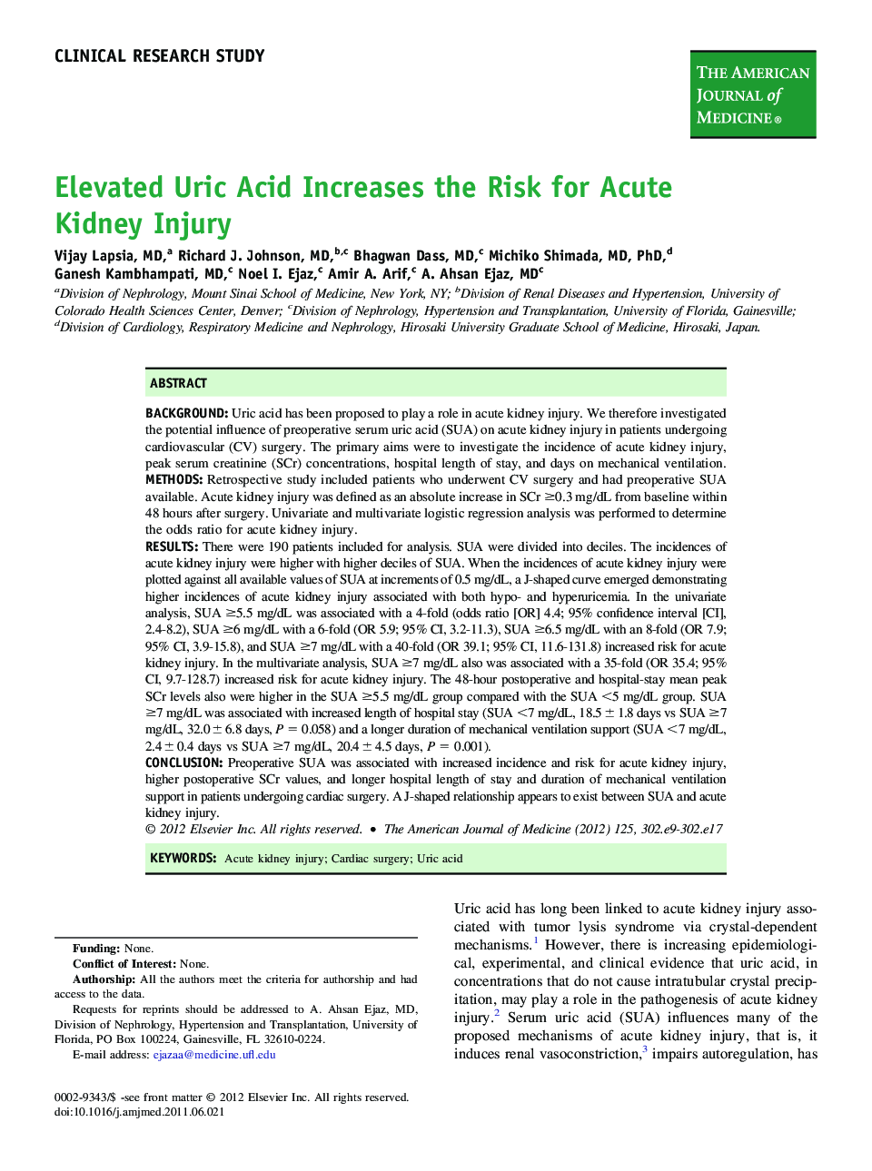 Elevated Uric Acid Increases the Risk for Acute Kidney Injury