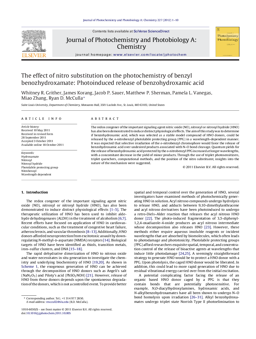 The effect of nitro substitution on the photochemistry of benzyl benozhydroxamate: Photoinduced release of benzohydroxamic acid