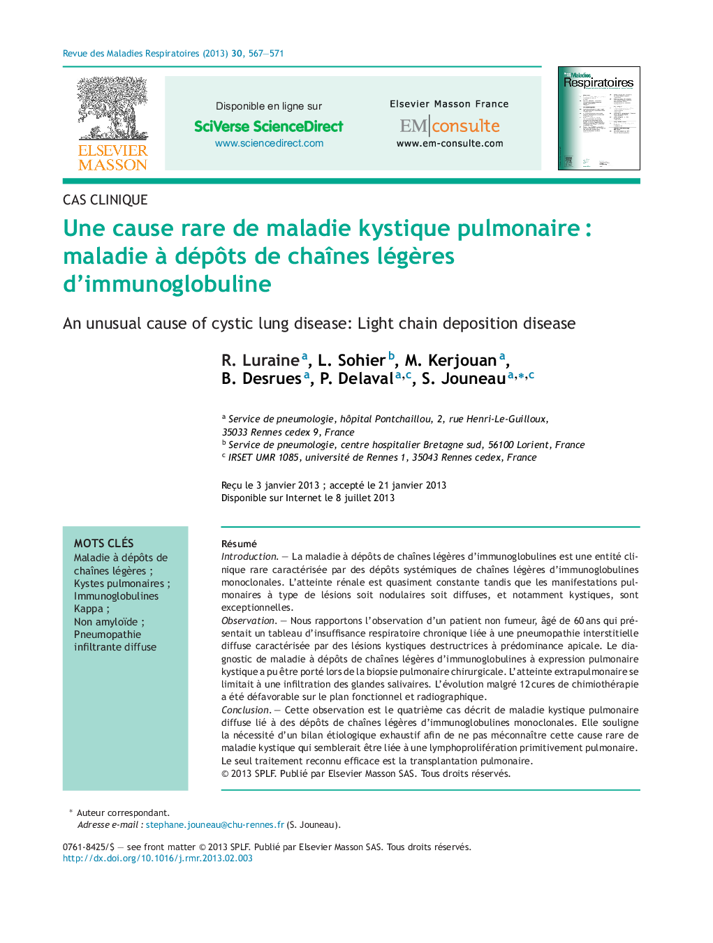 Une cause rare de maladie kystique pulmonaireÂ : maladie Ã  dépÃ´ts de chaÃ®nes légÃ¨res d'immunoglobuline