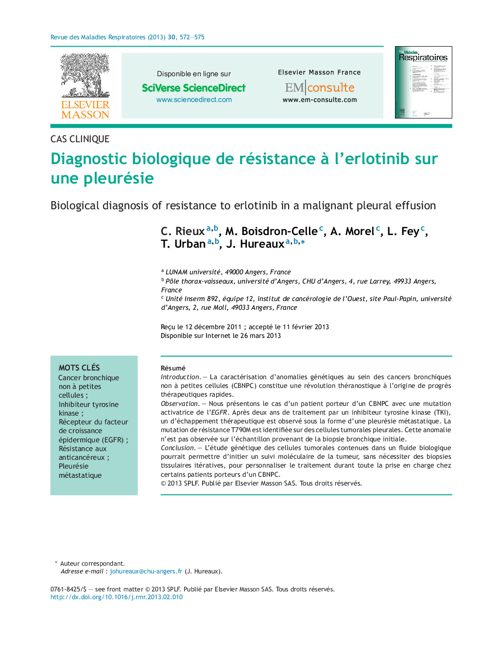 Diagnostic biologique de résistance Ã  l'erlotinib sur une pleurésie