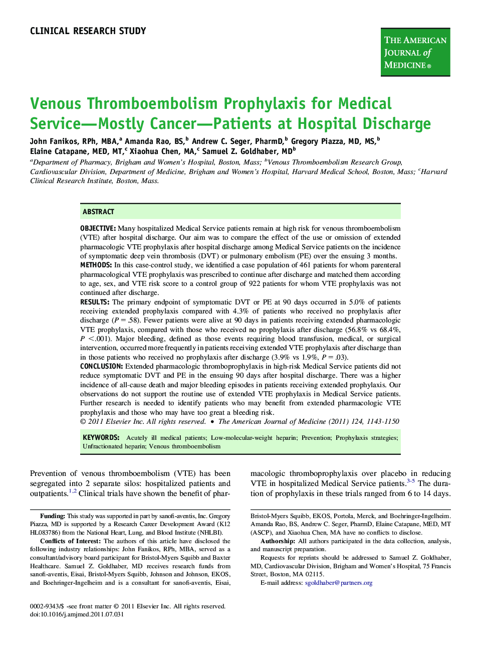 Venous Thromboembolism Prophylaxis for Medical Service—Mostly Cancer—Patients at Hospital Discharge 